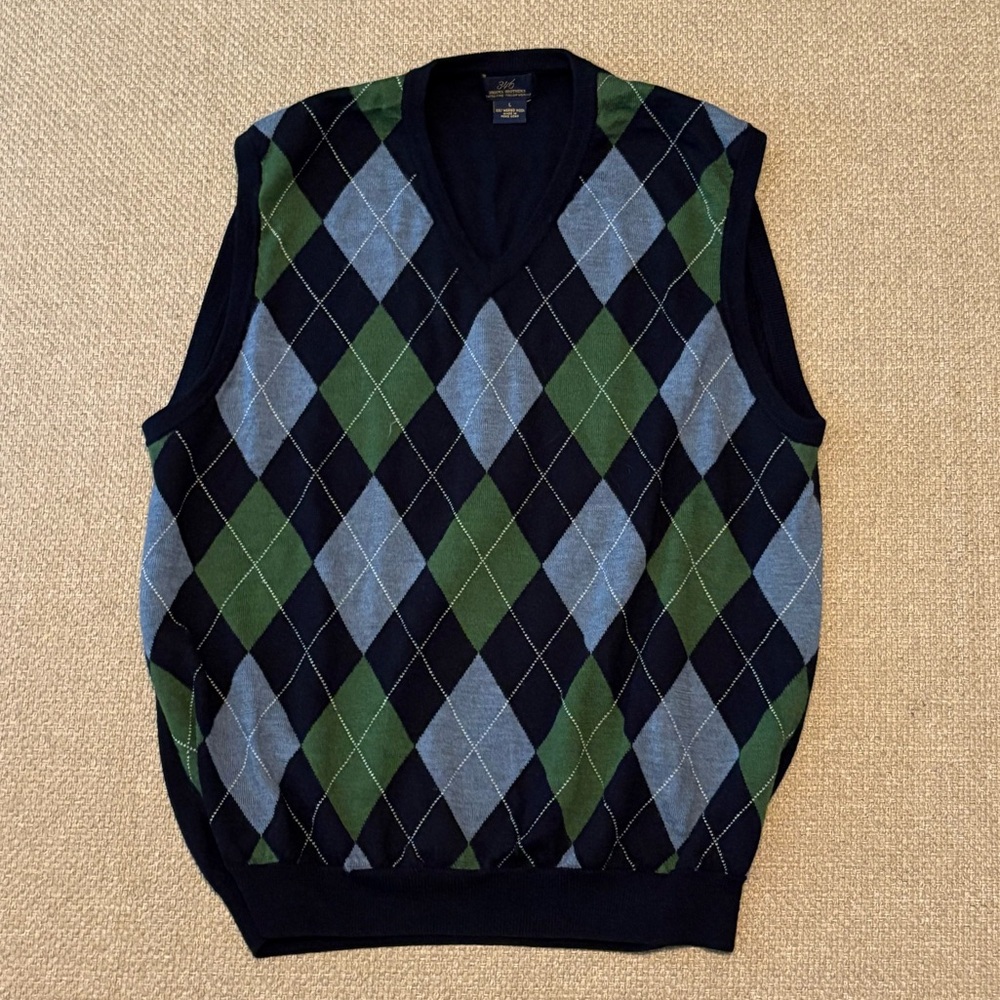 Vintage Brooks Brothers Sweater Vest Mens L Merino Wool Argyle Preppy Blue Green